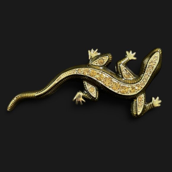 Vintage Gold Tone Enamel Rhinestone Lizard Brooch Gift Retro Cool Fancy Pants - Picture 8 of 11